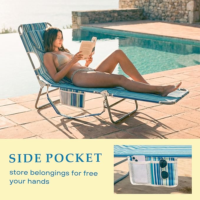 Beach Lounge Chair Outdoor Chaise Lounger with Face Hole 5-Position Reclining Beach Chair Face Down Tanning Chair with Carry StrapSide Pocket Portable Camping Cot for PatioPoolside
