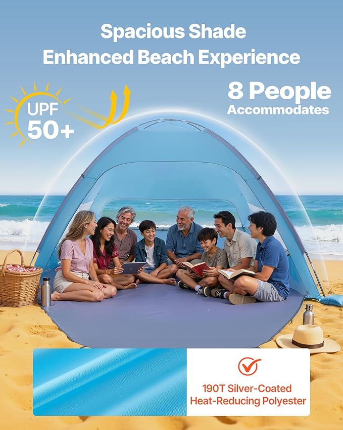 VEVOR Beach Tent Sun Shelter for 8 Person UPF 50+ Protection Portable Sun Shade Beach with Carrying Bag &amp Sand Pockets Lightweight and Easy Setup Beach Umbrella for Camping Fishing Outdoor Picn