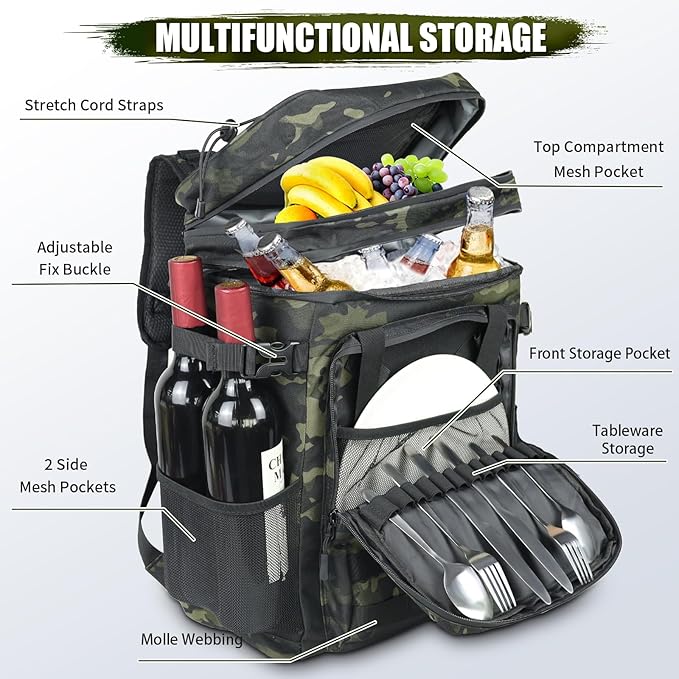 Tactical Backpack Cooler + 1P Tent Leakproof 40 Cans Soft Cooler Backpack Single 1 Person Tent for Backpacking Hiking