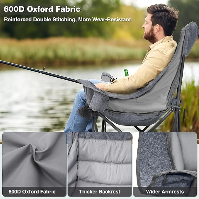2 Pack Oversized Camping Chair Portable Folding Padded Camp Chairs with Side Pocket Cup Holder Heavy Duty Support 500LBS Outdoor Lounge Chair for Adults Fishing Sports Trip Grey