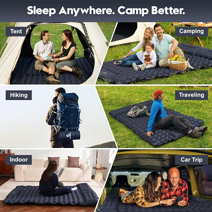 Double Sleeping Pad for Camping – 4” Thick Inflatable Camping Mattress 2 Person Built-in Foot Pump &amp Pillow Ultralight Self-Inflating Camping Mat for Tent Hiking Backpacking Traveling