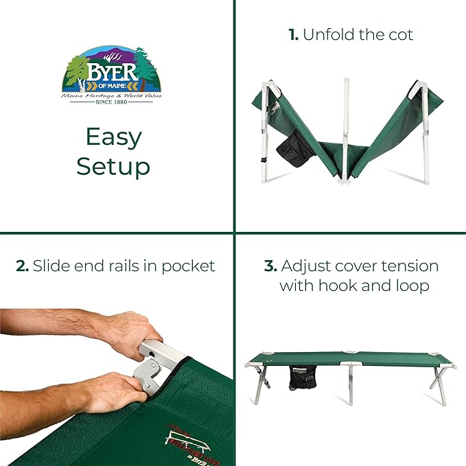BYER OF MAINE Military Cot Folding cot Reinforced Aluminum/Steel Frame Extra Large Size Holds 375lbs
