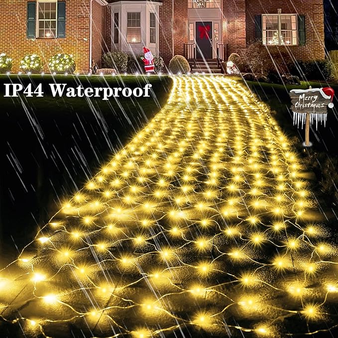 Lovelite 610 LED Christmas Net Lights 34.5ft x 5ft Mesh Lights Outdoor Clear Wire 8 Modes Waterproof Connectable String Lights Plug in for Bushes Xmas Tree Garden Holiday Party Decor - Warm White