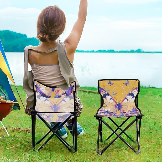 Butterfly Purple Portable Camping Chairs Folding Chair - Durable Oxford Fabric Lightweight Iron Frame Easy Fold Design - Ideal for Outdoor Activities Camping Fishing and Travel