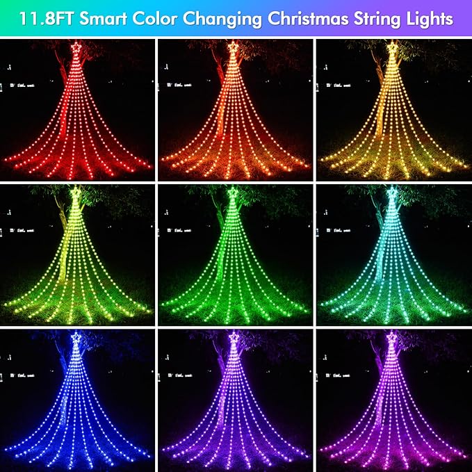 12FT Outdoor Christmas Decorations Smart RGB Color Changing Christmas Hanging Waterfall String Lights APP Remote Control DIY Multi-Color Lightshow Music Sync Outside Xmas Lights Decor