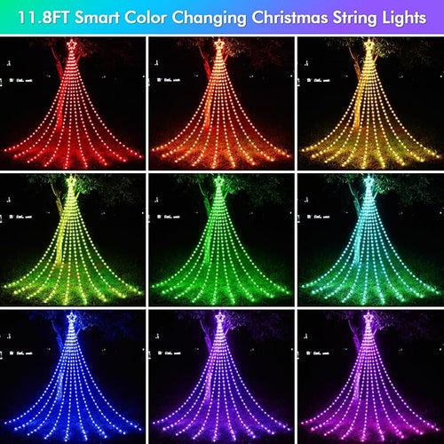12FT Outdoor Christmas Decorations Smart RGB Color Changing Christmas Hanging Waterfall String Lights APP Remote Control DIY Multi-Color Lightshow Music Sync Outside Xmas Lights Decor