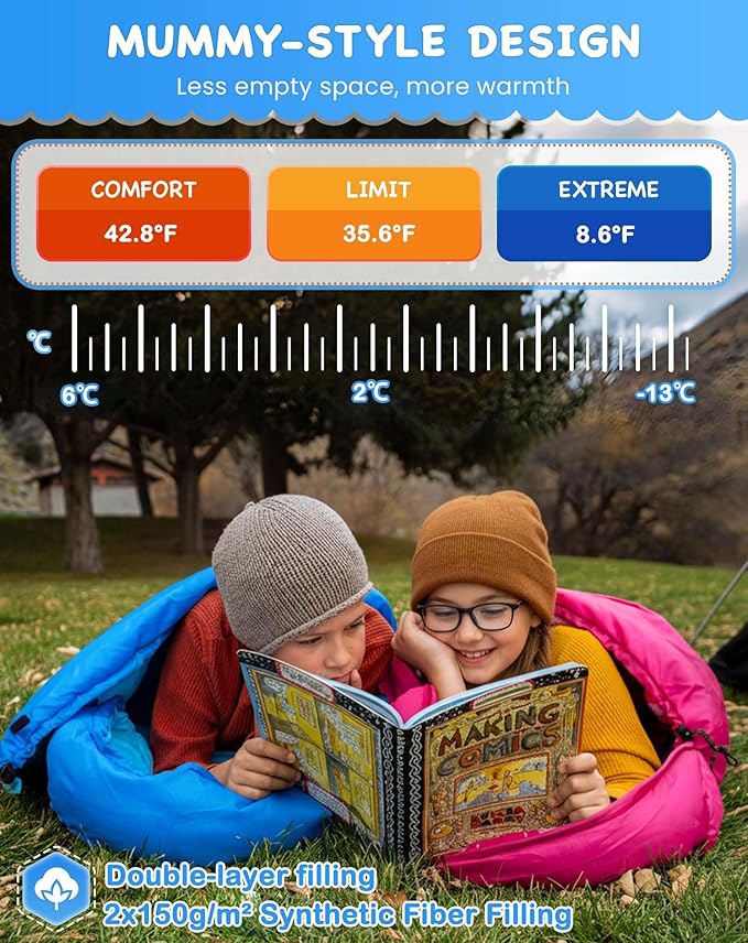 KingCamp 45°F Kids Sleeping Bag Lightweight Waterproof &amp Compact Flannel Sleeping Bags Cold Weather &amp Warm Youth Essentials Gear Accessories for Camping Fits 10-12 Children up to 4'7-5'5 T