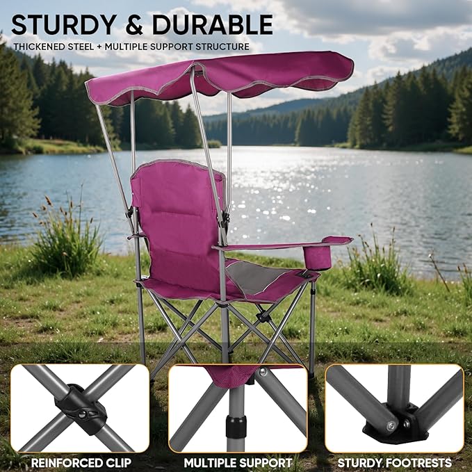 Northroad Folding Camping Chairs with Canopy Shade Beach Chair w/Cup Holders Armrests &amp Carry Bag for Outdoors Travel Sports Fishing Purple