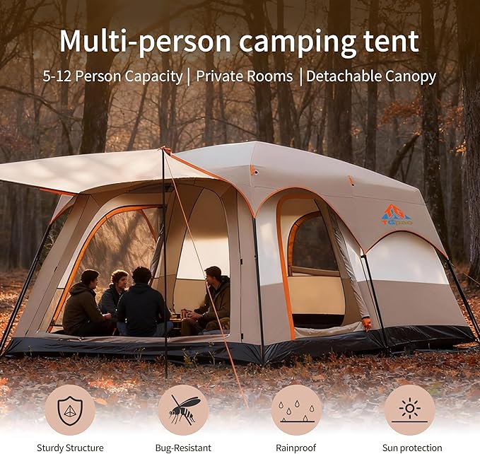 Large Family Standing Upright Camping Tent - 5-12 Persons Multi-Room Waterproof Tent with Screened Porch - Glamping Tent for Outdoor Camping &amp Family Vacation