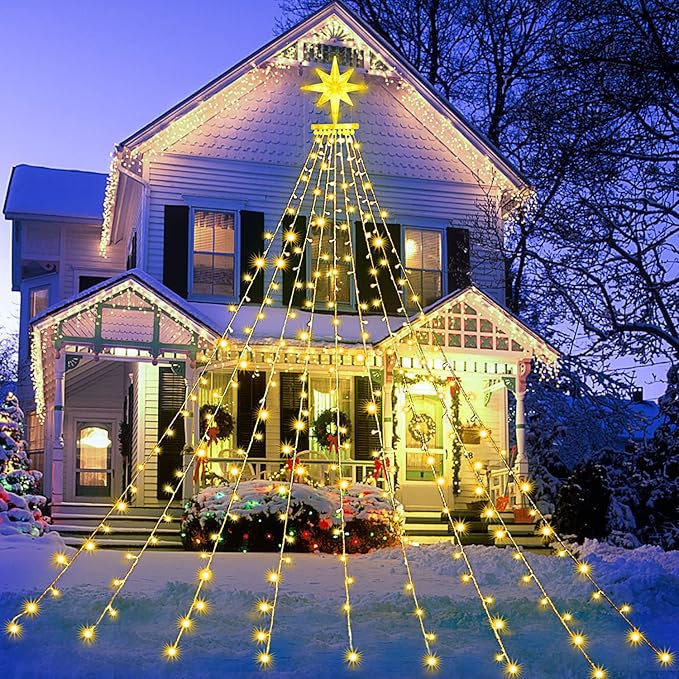 PUHONG Christmas Decoration Dippers Star String Lights16.4Ft 320 LED Christmas Tree Lights [8 Modes &amp Waterproof]with 11 Lighted Star for Halloween Xmas New Year Holiday Birthday (Warm White)