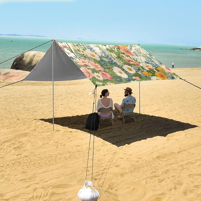Vintage Wildflower Meadow Beach Tent Sun Shelter 9.2' x 10.5' Beach Canopy with 4 Sandbags 4 Stability Poles Sand Shovels - Tent Canopy for Beach Camping Fishing Picnics