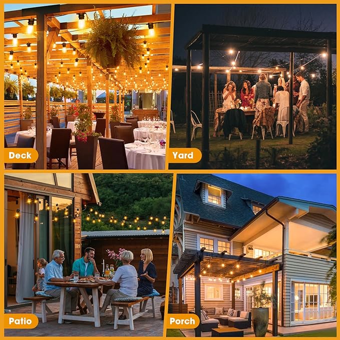 50FT LED Outdoor String Lights with 26 Shatterproof S14 Edison Bulbs (2 Spare) Dimmable Hanging Outdoor Lights for Backyard Porch 2700K Warm White