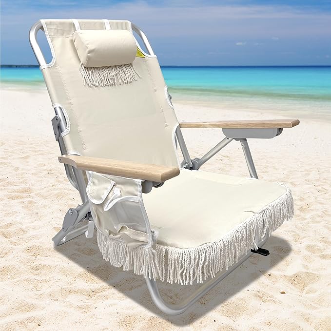 EasyGo Product Tassel Backpack Beach Chair 5 Positions and Cup Holder Pouch on Side-Padded Pillow-Storage Bag on Back – Lightweight Rustproof Aluminum – Black Frame 1 Pack TAN