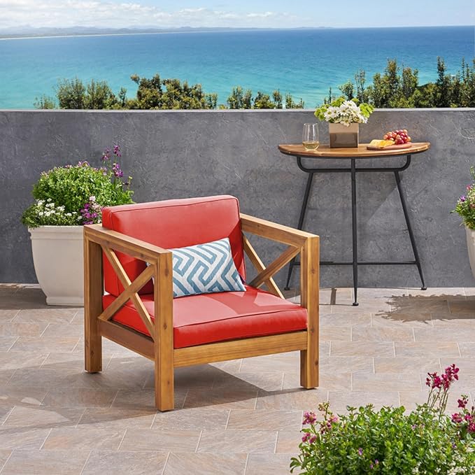 Mid-Century Modern Outdoor Club Chair with Acacia Wood Frame and Water-Resistant Cushions for Patio Garden Backyard Seating (Red)
