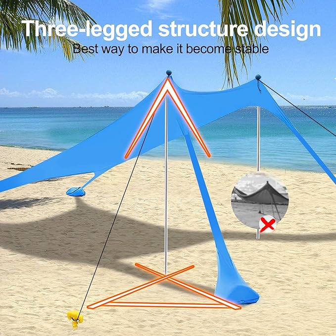 Beach Canopy Tent Sun Shade with UPF 50+ UV Protection Beach Tent Sun Shelter with Sandbags Poles and Ground Pegs and Anti-Wind Ropes for Outdoor Camping Backyard and Picnics