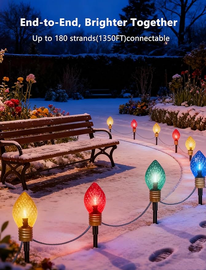 Jumbo C9 Christmas Pathway Lights Outdoor 6.5Ft C9 Giant Christmas Walkway Lights with 4 LED Strawberry Multicolor Bulbs Jumbo Yard Decoration Stakes Lights for Outside Lawn Garden Driveway Holiday