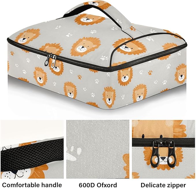 Casserole Carrier Pattern Cute Lion FacesInsulated Casserole Carrier for Hot or Cold Food Thermal Lunch Tote for Potluck Parties Picnic Beach Fits 9 x 13 Inches Baking Dish