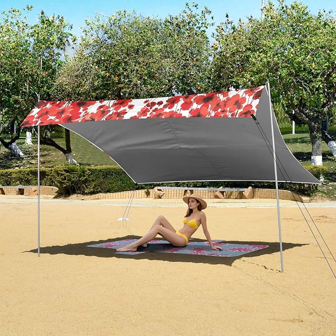 ALAZA Red Cherry Blossom Flowers Beach Tent Sun Shelter UPF50+ Protection Beach Shade Canopy w/ 4 Sandbags for Outdoor Camping Fishing Backyard Fun Picnic 10x9 ft