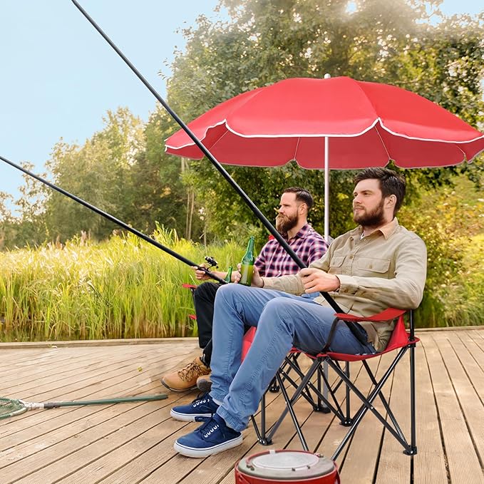 Portable Double Folding Picnic ChairsDouble Folding Beach ChairsBeach Camping Chair W/Umbrella Mini Table Beverage Holder Carrying Bag for Patio Pool Park OutdoorRed