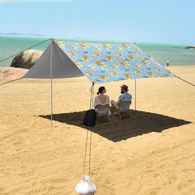 ALAZA Cute Sea Turtle Cartoon Beach Tent Sun Shelter UPF50+ Protection Beach Shade Canopy w/ 4 Sandbags for Outdoor Camping Fishing Backyard Fun Picnic 10x9 ft