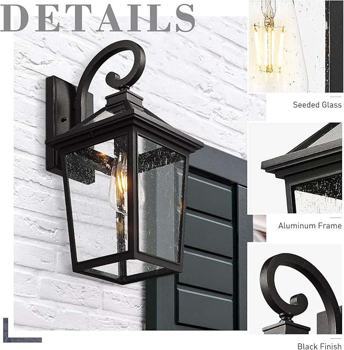 zeyu 18 Inch Outside Light Fixture Exterior Wall Lighting Fixture for House Porch Die-Cast Aluminum with Seeded Glass Black Finish ZX58MB BK