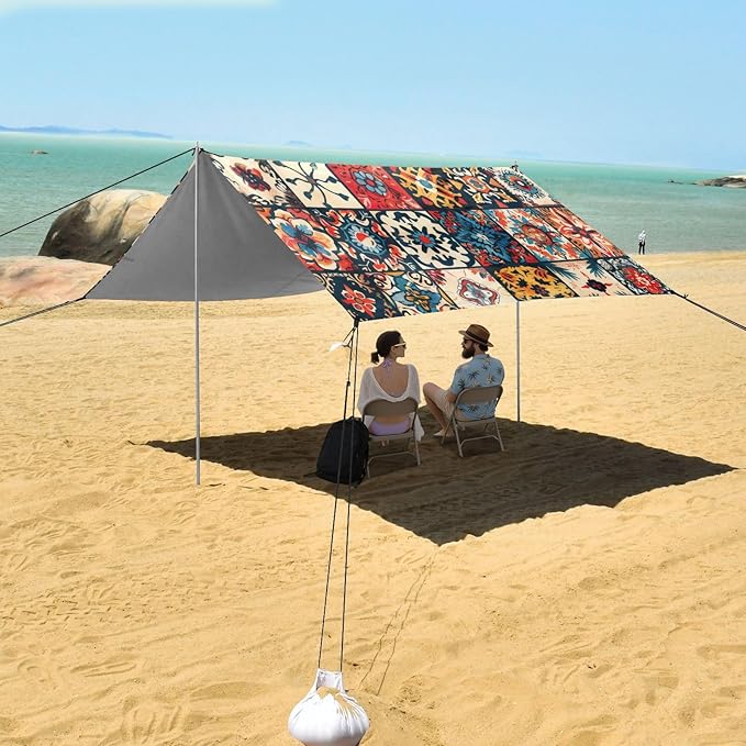 Bohemian Texture Beach Tent Sun Shelter 9.2' x 10.5' Beach Canopy with 4 Sandbags 4 Stability Poles Sand Shovels - Tent Canopy for Beach Camping Fishing Picnics