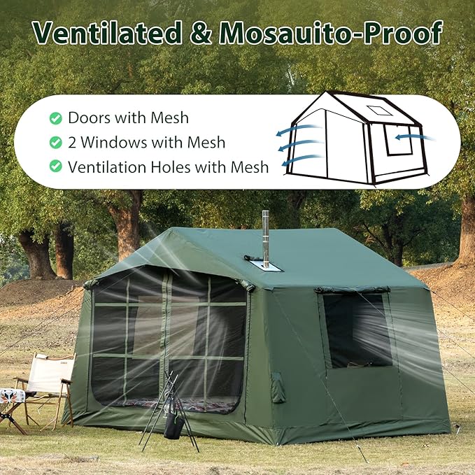 Inflatable Camping Tent with Hand Pump Waterproof Outdoor Blow up Tent 2-8 Person Oxford 4 Season Glamping Air Tent Cabin House with Mesh Windows &amp Door