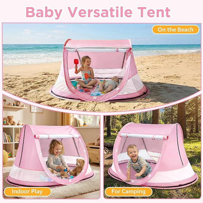 Baby Beach Tent Pop Up Beach Tent Sun Shade for Beach UPF 50+ UV Protection Sun Shelters for Infants with Carry Bag for Outdoor Travel Camping(Pink)