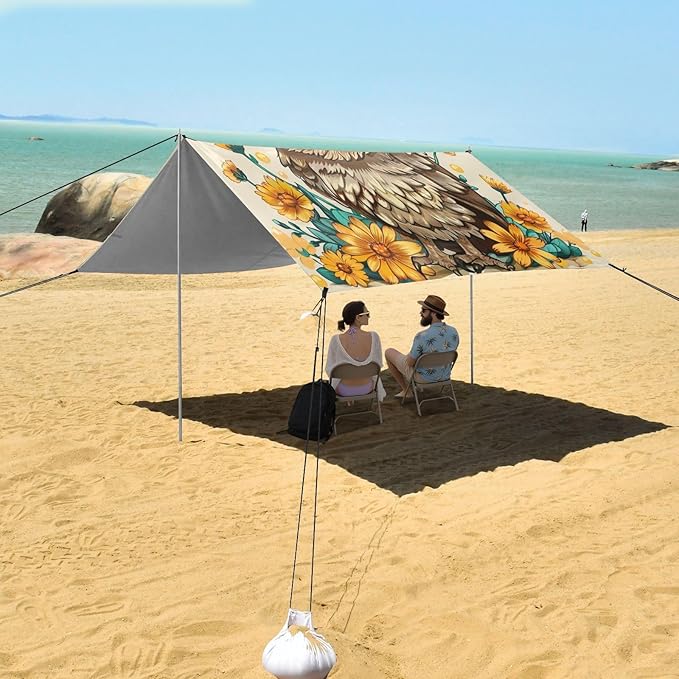 ALAZA Cute Owl Flowers Beach Tent Sun Shelter UPF50+ Protection Beach Shade Canopy w/ 4 Sandbags for Outdoor Camping Fishing Backyard Fun Picnic 10x9 ft