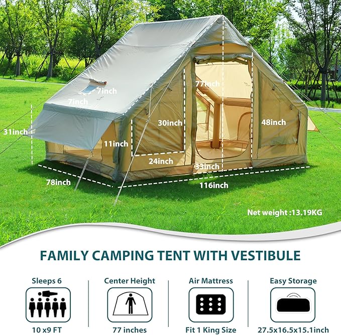 Nice C Inflatable Tent for Camping Glamping Tent for Adults Blow Up Tents with Air Pump 2-in-1 Air Valve Chimney Opening Waterproof Windproof Easy Set Up