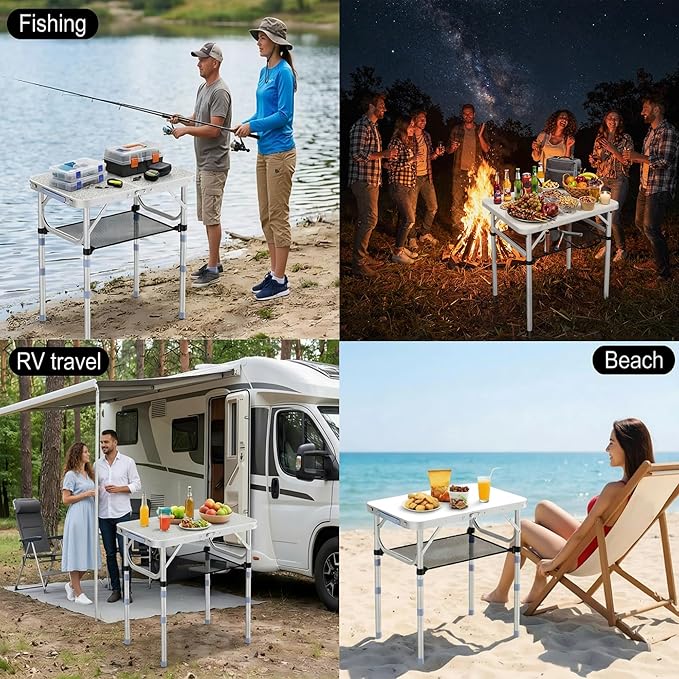 Small Folding Table Portable 2ft Camping Pinic Table with 3 Adjustable Height Aluminum Foldable Lightweight Patio Side Table with Carry Handle for Outdoor Indoor Hiking Camp BBQ Beach (White)