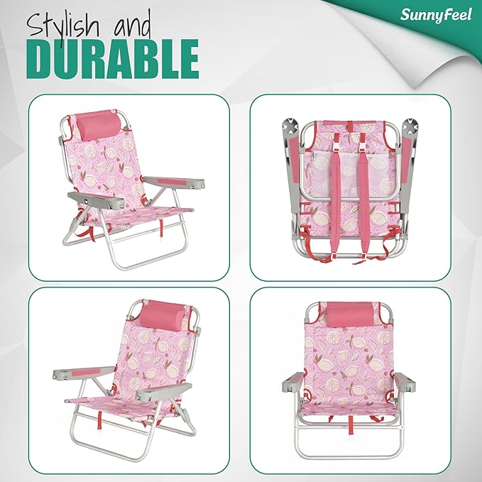 SUNNYFEEL Extra Wide Low Beach Chair 2 Pack 5 Position Lay XL Oversized Portable Folding Camping Chairs with Cup Holder for Outdoor/Sand Foldable Backpack Beach Chair for Adults Heavy Duty 500 LBS