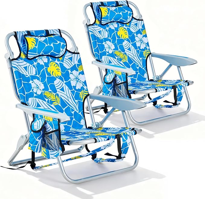2 Pack Lightweight Portable Camping Beach Chair for Adult Outdoor Lay Flat Folding Beach Chairs with 5 Positions Backpack Beach Chair with Towel Bar Zipper Pouch Cup Holder Hawaiian Style