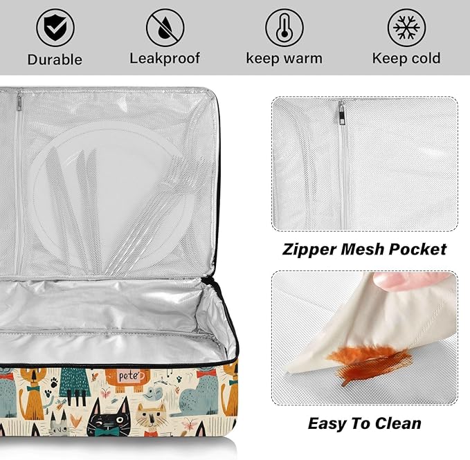 Casserole Carrier Colorful CatsInsulated Casserole Carrier for Hot or Cold Food Thermal Lunch Tote for Potluck Parties Picnic Beach Fits 9 x 13 Inches Baking Dish