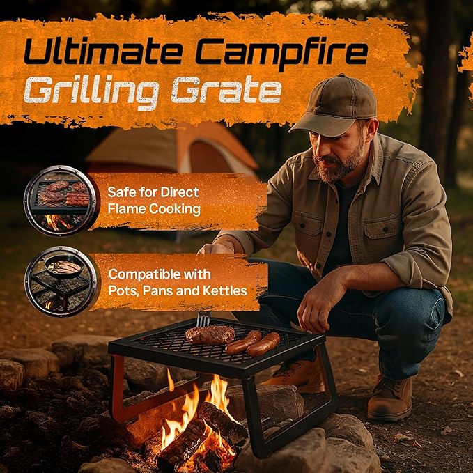 Folding Campfire Grill – Portable Over-Fire Grill with Food-Safe Coating Heavy Duty Steel Compact with Folding Legs - Camping RV Overlanding Fire Pits