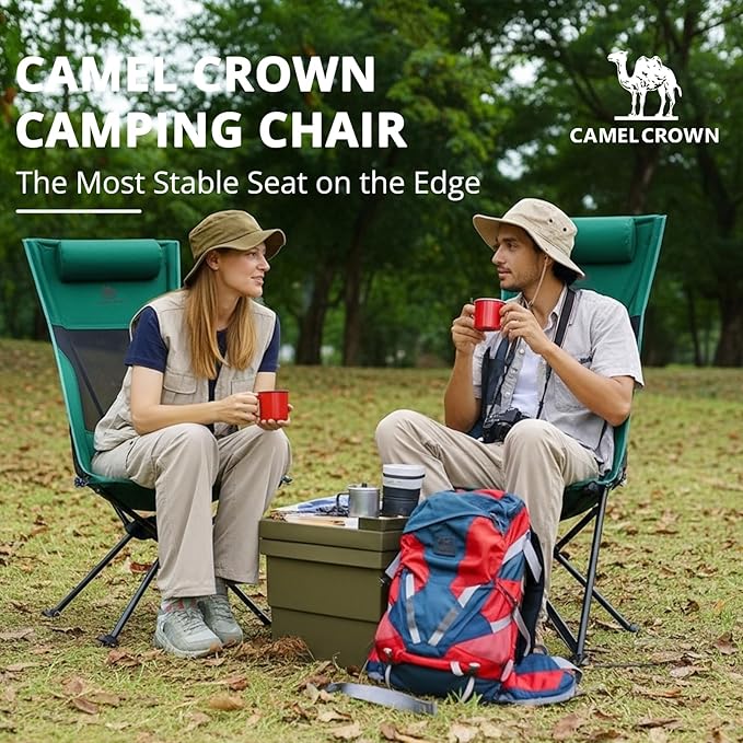 CAMEL CROWN High Back Camping Chair with Pillow Design Folding Compact Backpacking Chair Stable Portable Chair for Outdoor Camp Travel Beach Picnic Festival Hiking