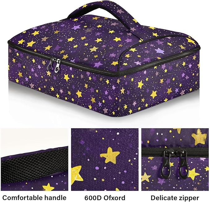 Casserole Carrier Stars Purple and YellowInsulated Casserole Carrier for Hot or Cold Food Thermal Lunch Tote for Potluck Parties Picnic Beach Fits 9 x 13 Inches Baking Dish