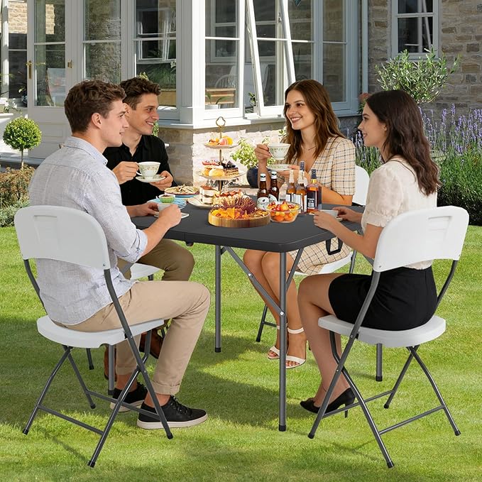 34 Square Folding Plastic Table - Portable Fold-in-Half Utility Dining Party Table with Carrying Handle No Assembly Required for Indoor/Outdoor Wedding Picnic Camping Black
