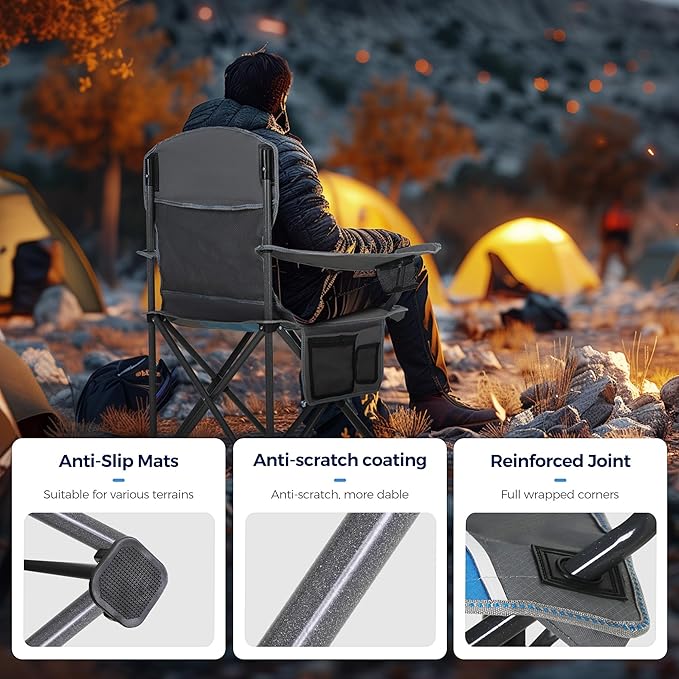 ALPHA CAMP Oversized Camping Folding Chair - Heavy Duty Steel Frame Support 350 LBS Collapsible Padded Arm With Cup Holder Quad Lumbar Back Portable for Outdoor/Indoor