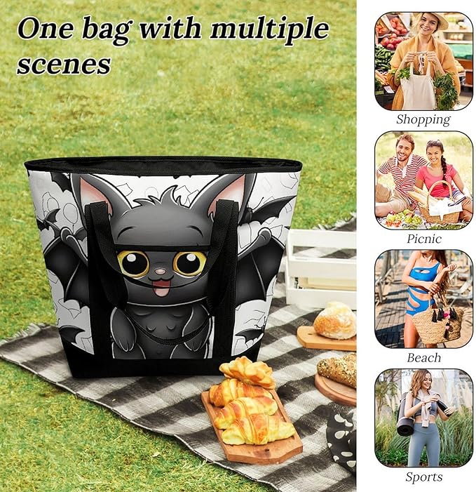 Insulated Shopping BagLarge Reusable Cooler Bags Cute Bat Printed Foldable Shopping BagTravel Waterproof Shoulder Bag