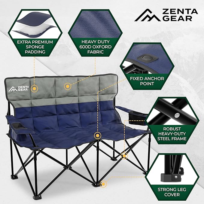 Oversized Fully Padded Double Camping Chair Portable Folding Loveseat w/Side &amp Back Pockets Adjustable Armrests Double-Sized Cup Holders for Outdoor Indoor Supports 530LBS (Dark Navy)