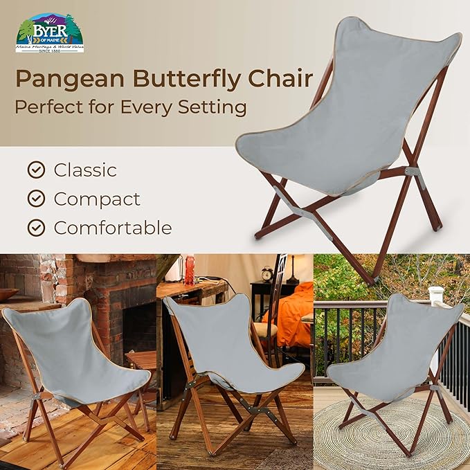 BYER OF MAINE Pangean Butterfly Chair Easy-Fold Hardwood Sling Chair – Portable Beach Camping &amp Patio Seat – 34″H × 23″W × 27″D in Granite