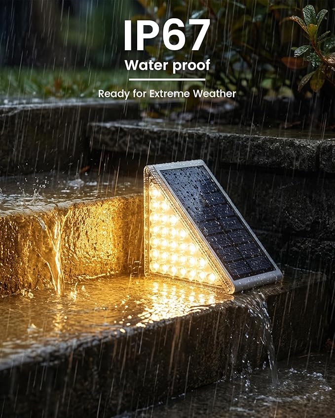 NIORSUN Outdoor Step Lights Upgraded 28 LEDs 2 Brightness Modes IP67 Waterproof Solar Stair Lights for Outside Steps 1200mAh Battery Long Runtime Warm White for Patio Deck Yard Porch 8 Pack