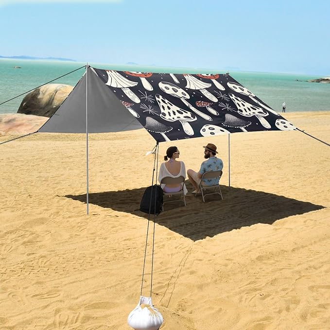 Mushrooms Black Beach Tent Sun Shelter 9.2' x 10.5' Beach Canopy with 4 Sandbags 4 Stability Poles Sand Shovels - Tent Canopy for Beach Camping Fishing Picnics