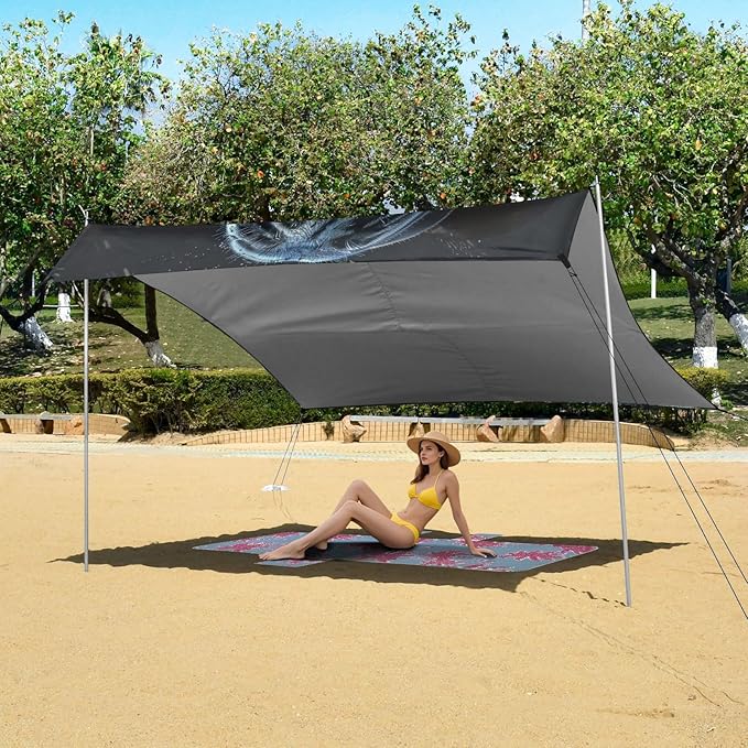 Black Leopard Beach Tent Sun Shelter 9.2' x 10.5' Beach Canopy with 4 Sandbags 4 Stability Poles Sand Shovels - Tent Canopy for Beach Camping Fishing Picnics
