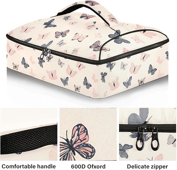 Casserole Carrier Pattern Pink ButterfliesInsulated Casserole Carrier for Hot or Cold Food Thermal Lunch Tote for Potluck Parties Picnic Beach Fits 9 x 13 Inches Baking Dish