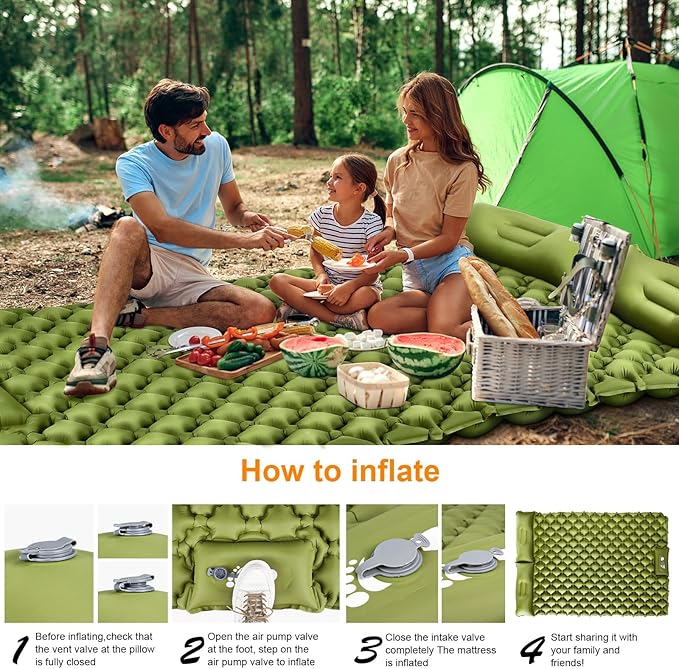 Double Sleeping Pad Ultralight 4 Extra-Thick Self Inflating Sleeping Mat for 2 Person with Pillow Built-in Foot Pump Portable Camping Mat for Backpacking Hiking Traveling Tent Camping