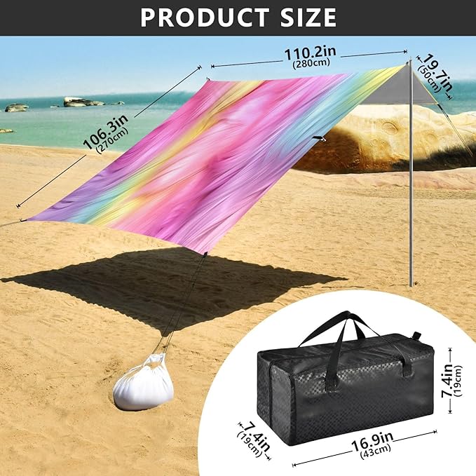 Rainbow Furry Texture Beach Tent Sun Shelter 9.2' x 10.5' Beach Canopy with 4 Sandbags 4 Stability Poles Sand Shovels - Tent Canopy for Beach Camping Fishing Picnics