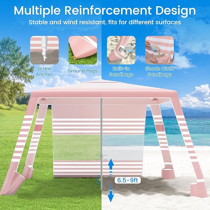 MoKo Beach Cabana 8'×8' Large Beach Canopy with Side Wall UPF 50+ Protection Easy Setup Beach Tent Sun Shelter Adjustable Height Wind Resistant Cabana Beach Tent for Whole Family Pink Stripe