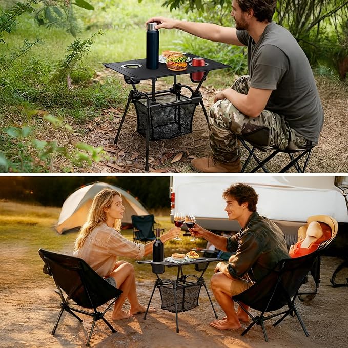 GARLLEN Folding Camping Table Ultralight Compact Beach Table with Fabric Tabletop Portable Folding Picnic Table with Cup Holder &amp Storage Net for Sand Camping Outdoor 23.2“L x 15.7”W